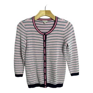 Talbots Petite Cardigan Sweater. Pink, Navy & White Raised Dots. Size PS